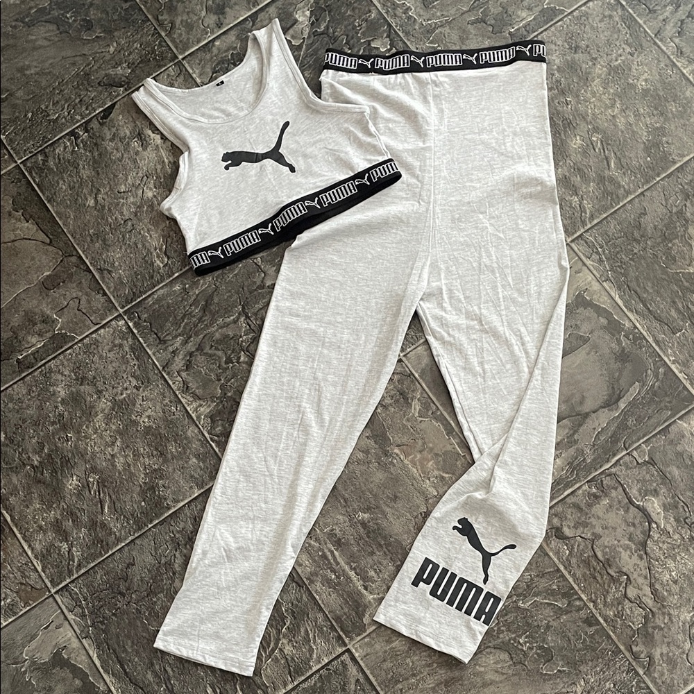 PUMA Set | Women’s Gray Sports Bra & High Waist Leggings Sporty Athletic Yoga